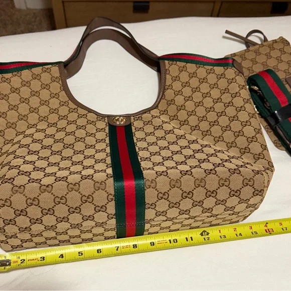 Brown Tote Bag with Green and Red Stripes - Picture 3 of 4